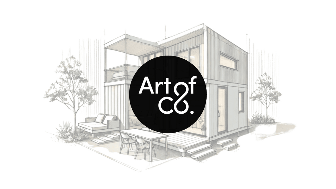 Sketch of a modular micro-home with the Art of Co mark
